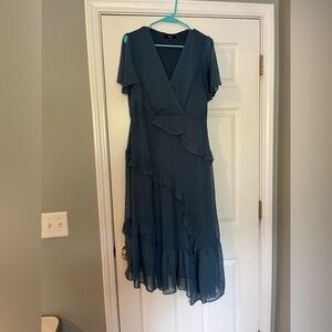 Lulu's Blue Asymmetrical Ruffled Wrap Dress